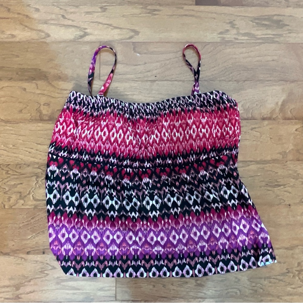 Shore Club Pink, Purple, Black Geometric Print Smocked Tankini Swim Top Size 22